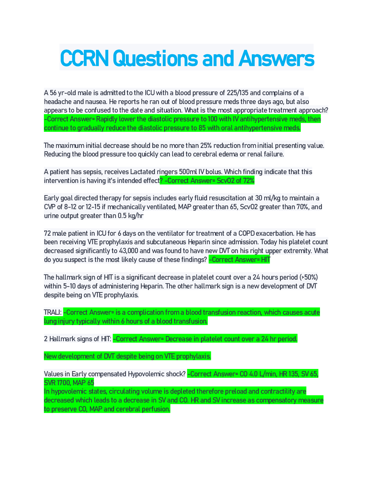 Preview image of CCRN Questions and Answers document